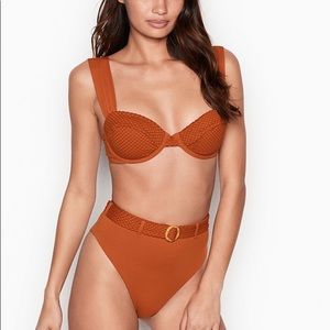 WeWoreWhat Camel Fishnet S Swim Top, M Bottom
